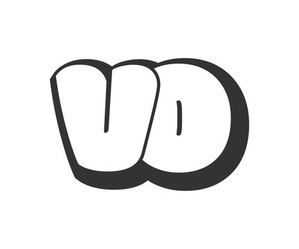 VO logo, bubble comic lettering, rounded in graffiti style black and white silhouette. Trendy preschool V and O letter text for festival party, personal initials, children funky print and web.