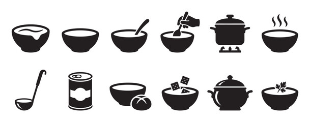 Fototapeta premium Black and white soup icons set featuring various bowls, pots, and cooking elements in a simple graphic style