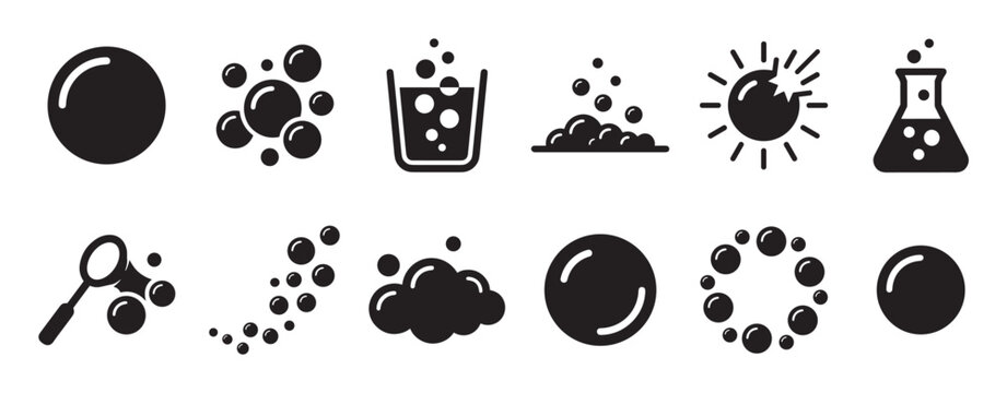 Collection of various black bubble icons, including single bubbles, groups, foam, and a beaker, presented in a clean, graphic style