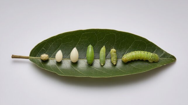 Complete butterfly lifecycle stages shown from egg to caterpillar on a green leaf