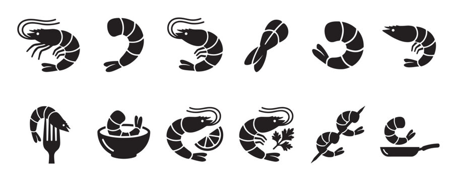 Various black shrimp and prawn icons are displayed in a clean, minimalist style, showcasing different forms and preparations