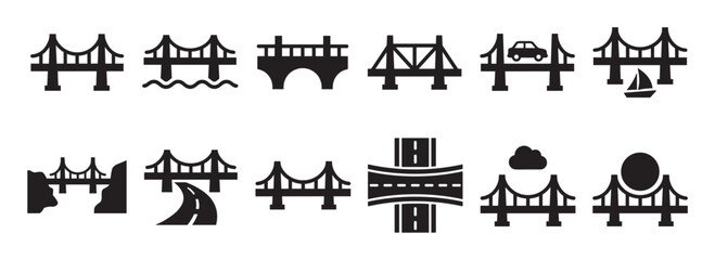 Obraz premium Collection of various black bridge icons, including suspension, arch, and truss designs, presented in a clean, graphic style