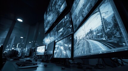 Control room operators using multiple screens for security surveillance and data monitoring, ensuring public safety and infrastructure management within a centralized system