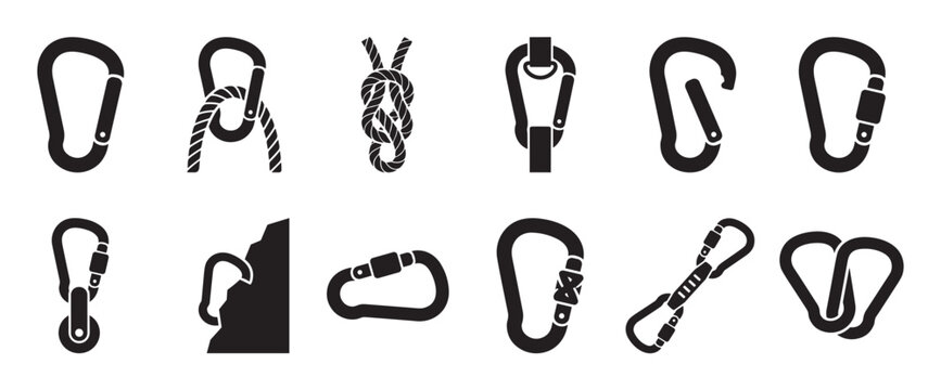 Collection of black silhouette climbing and safety equipment icons, including various carabiners, ropes, and knots, presented as vector illustrations