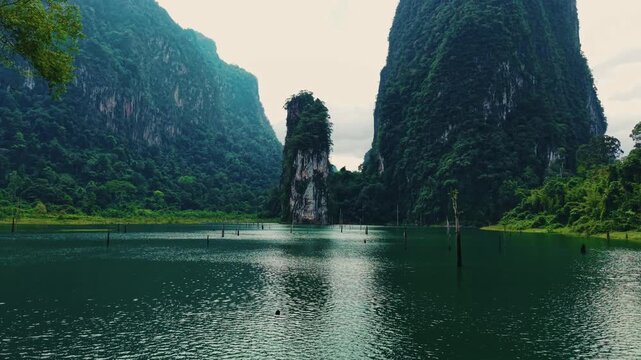 Aerial view of Khao Sok national park's lush cliffs and blue clear waters, Thailand.