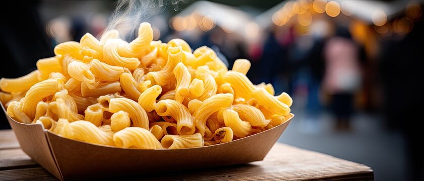 Close-up of hot pasta served in a paper box on wooden table at outdoor cafe with people and street in the background captured with a blackmagic design camera
