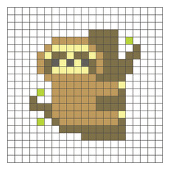 Obraz premium A flat pixel design made of geometric square color blocks on a clean grid layout. Pixel art sloth