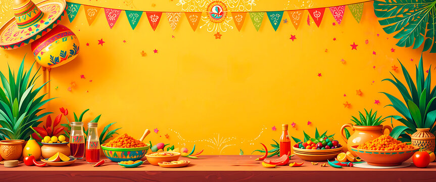 Traditional Mexican Symbols Arranged in Flat Lay Style .Mexivcan patriotic celebration, 5 de mayo