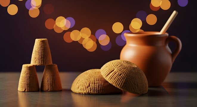 Rustic golden brown piloncillo sugar cones arranged with blurred lights in a warm setting