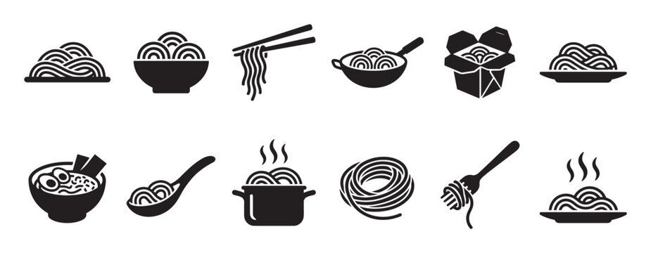 Collection of black silhouette noodle and pasta icons, depicting various dishes and cooking methods in a clean, graphic style