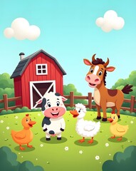 Fototapeta premium A cartoon farm scene with animals and a red barn in the countryside