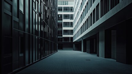 Naklejka premium Contemporary architecture defining a concrete and glass urban canyon, featuring geometric facades and a clean, minimalist design with strong lines and shadows
