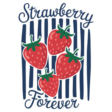 A stylized illustration of four red strawberries with green stems arranged vertically against a white background with navy blue vertical stripes