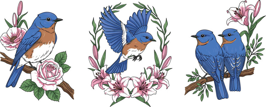 Blue bird collection with floral wreath roses and blossoms decorative nature vector illustration set for spring botanical design