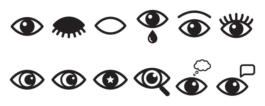 Various black and white eye icons representing different states of vision, emotion, and perception in a clean, minimalist style