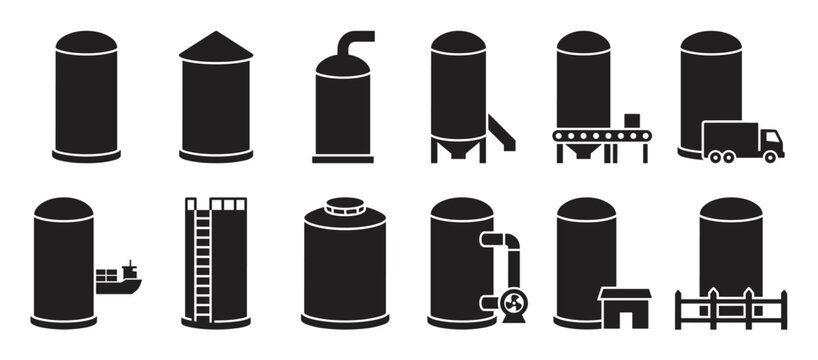 Collection of black silo icons depicting various industrial and agricultural storage tanks and related processes in a flat graphic style