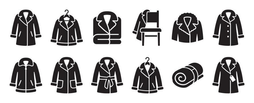 Various black and white coat and jacket icons display different styles, folds, and hanging methods in a clean, graphic illustration