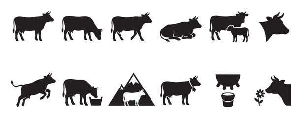 Fototapeta premium Collection of diverse cow silhouettes in various poses and activities, including a calf, udder, and mountains, presented as a graphic design element