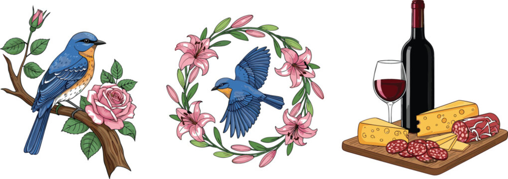 Blue bird with roses floral wreath with flying bird and wine bottle cheese charcuterie board vector illustration collection