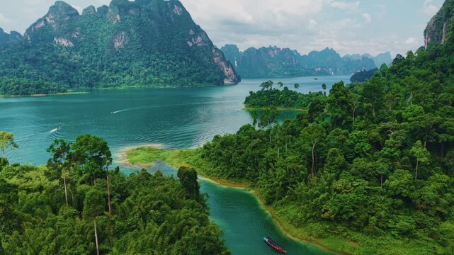 Aerial view Khao Sam Kloe in national park Cheow Lan Lake, Thailand.