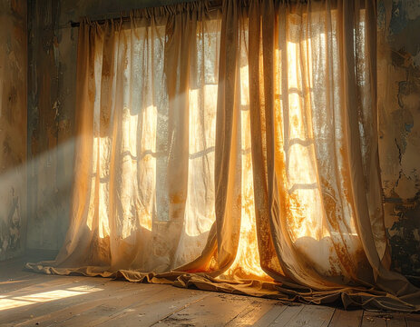 Morning light filters through a worn curtain in a calm, cinematic interior scene.