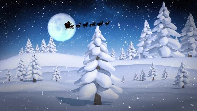 Animation of santa claus in sleigh with reindeer over winter scenery with snow falling