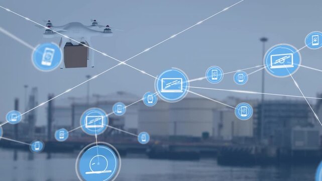 Network of digital icons and drone carrying a delivery box against port