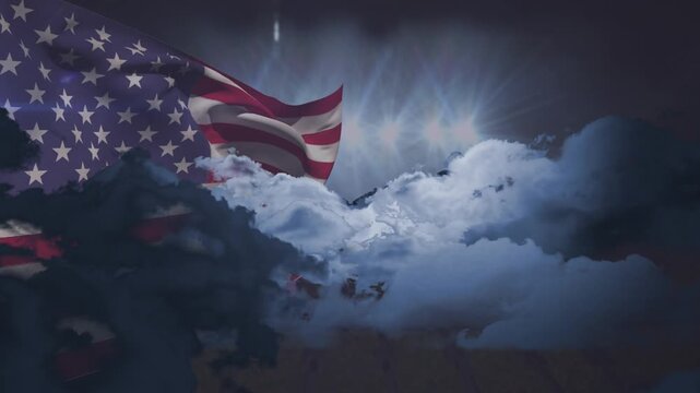 Animation of clouds moving over waving flag of america, floodlights and dark sky