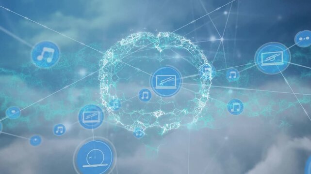 Animation of network of connections with icons and human brain over cloudy sky