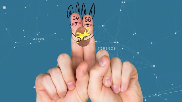 Animation of fingers with easter bunny holding egg over network of connections on blue background