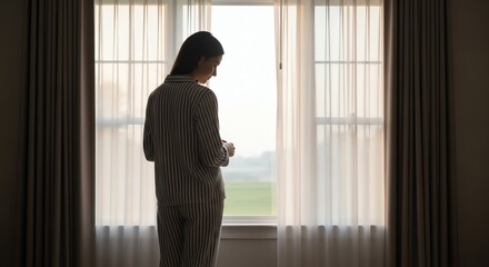 Fototapeta premium Woman in striped loungewear gazing thoughtfully out large window with soft natural light
