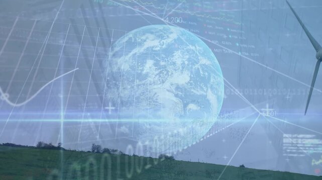 Animation of globe and network of connections over construction site