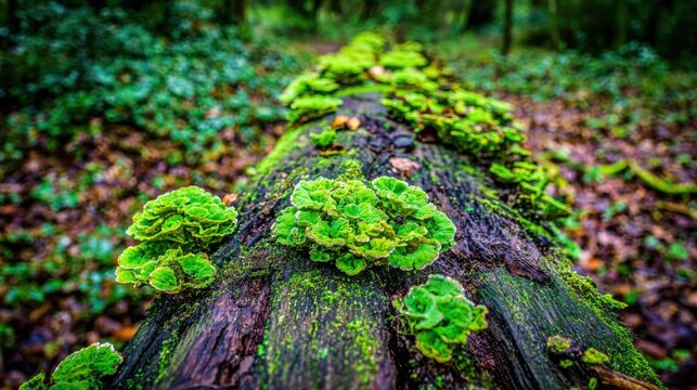 Vibrant green moss and fungi colonize a decaying log in a lush forest setting