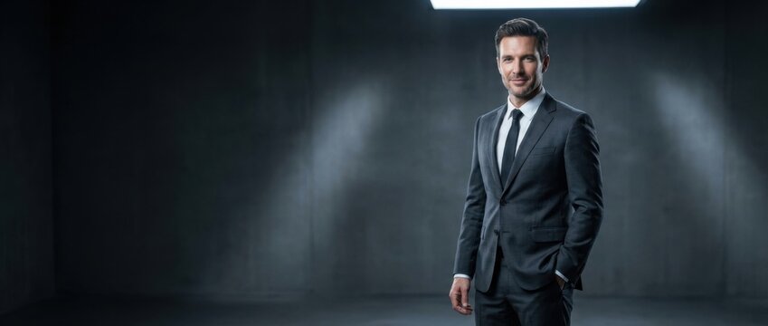 man in sharp suit confidently posing in modern studio with dramatic lighting showcasing style and professionalism against a sleek dark background highlighting charisma and charm