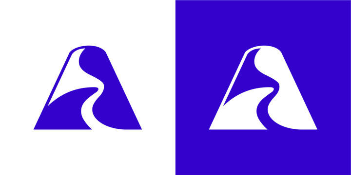 A clean, minimalist logo featuring the letter 'A' formed by abstract blue and white shapes. A white wavy line flows through the blue, creating a dynamic and modern design suitable for branding and ide