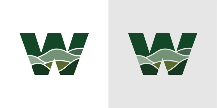 A clean, modern logo design featuring the letter 'W' creatively filled with a stylized landscape. The abstract design incorporates rolling hills and various shades of green, suggesting nature, environ
