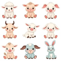 Fototapeta premium A group of adorable cartoon farm animals and a bunny sitting together