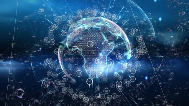 Animation of media icons and globe on blue background