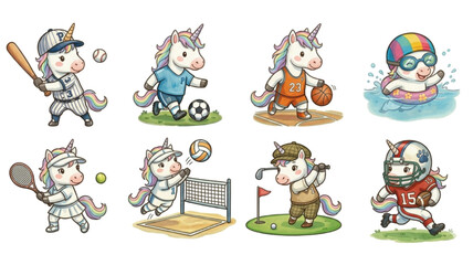 Fototapeta premium Set of Funny cartoon vector set illustration of a Unicorn Horse character playing with sport featuring an animal icon collection watercolor pastel style Sticker Design 