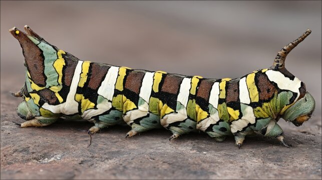 Detailed Macro View of a Striking Caterpillar Molting Its Skin While Shedding Layers Outdoors