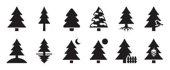 Obraz premium Collection of various simple black evergreen tree icons, each with unique details like snow, roots, or a bird