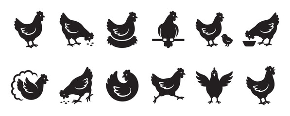 Obraz na płótnie Canvas Collection of various black chicken silhouettes in different poses, including standing, pecking, nesting, and running, depicted in a simple graphic style