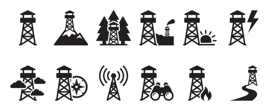 Collection of black silhouette fire watch tower icons, depicting various scenarios and elements in a clean, graphic style