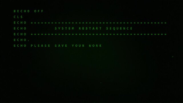 Retro computer system screen reboot animation. Computer initiated rebooting DOS warning text information . 4k