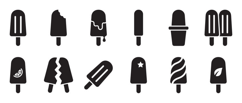 Collection of various black silhouette ice cream and popsicle icons, including bitten, melting, and broken designs