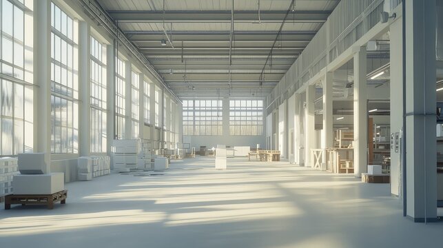 Empty industrial warehouse creating a spacious workshop environment with abundant natural light streaming through expansive windows, highlighting clean design and readiness for production