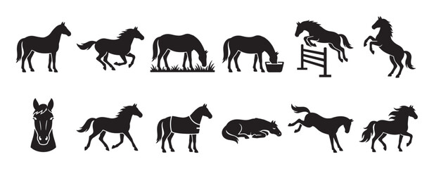 Fototapeta premium Collection of various horse silhouettes in different poses and activities, including standing, running, grazing, jumping, and rearing, depicted in a clean, graphic style