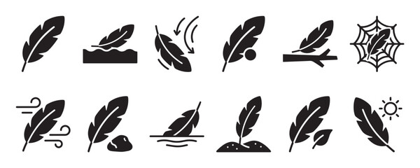 Fototapeta premium Collection of black feather icons depicting various states and interactions, including floating, falling, and resting