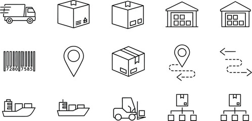Fototapeta premium Collection of black and white line icons representing various objects