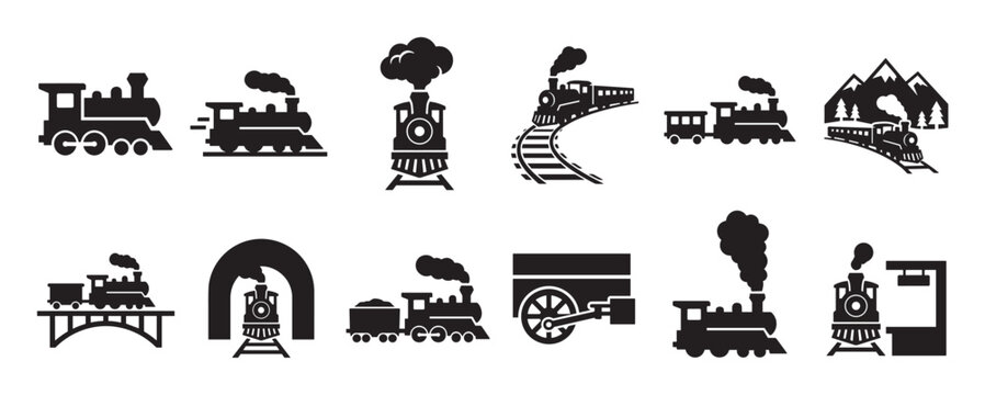 Collection of various black steam train icons and railway elements, including engines, tracks, and tunnels, presented in a clean graphic style